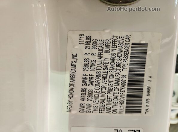 1HGCV1F37KA020136 2019 HONDA ACCORD White 
