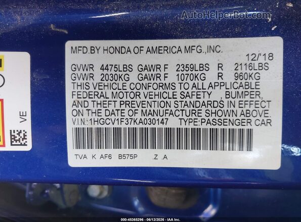 1HGCV1F37KA030147 2019 HONDA ACCORD Blue Engine compartment view