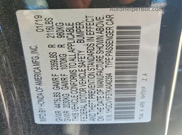 1HGCV1F37KA042394 2019 HONDA ACCORD Black VIN sticker view