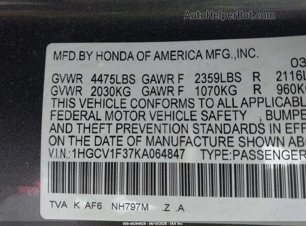 1HGCV1F37KA064847 2019 HONDA ACCORD Серебряный Вид подкапотного пространства