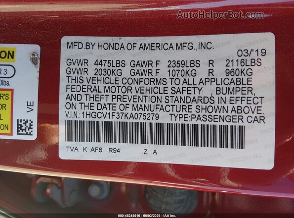 1HGCV1F37KA075279 2019 HONDA ACCORD Red Շարժիչի բաժամունքի տեսք