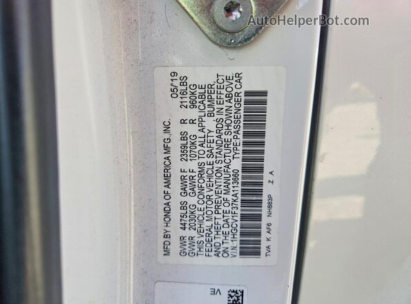 1HGCV1F37KA113660 2019 HONDA ACCORD White Vista del compartimento del motor