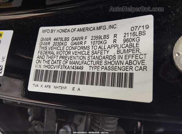 1HGCV1F37KA143449 2019 HONDA ACCORD Black Engine compartment view