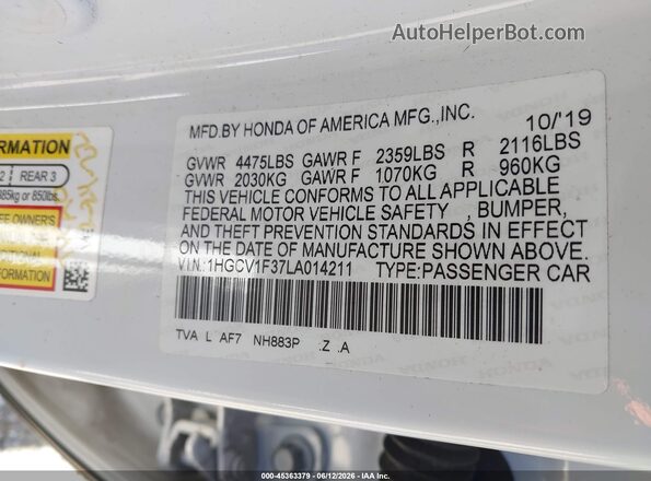 1HGCV1F37LA014211 2020 HONDA ACCORD White Widok komory silnika