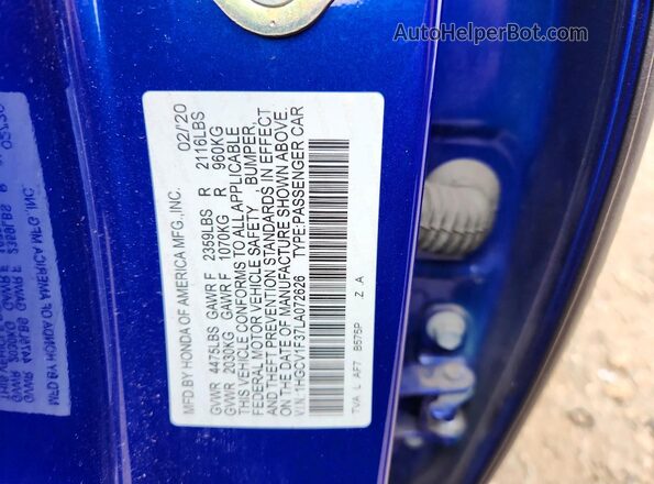 1HGCV1F37LA072626 2020 HONDA ACCORD Blue ძრავის განყოფილების ხედი