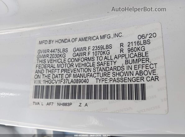 1HGCV1F37LA089040 2020 HONDA ACCORD White Widok komory silnika
