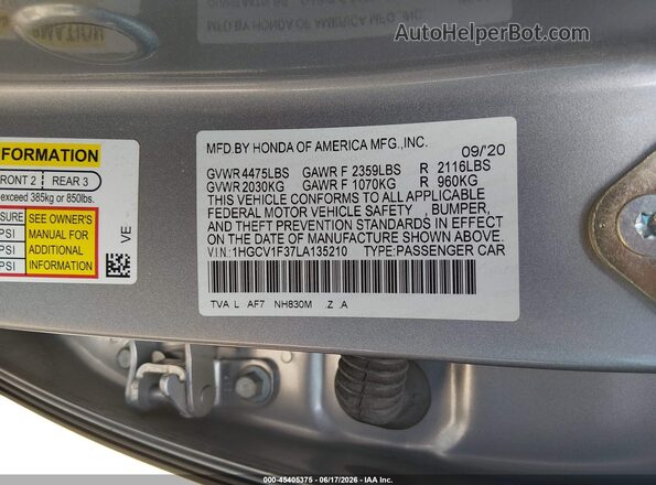 1HGCV1F37LA135210 2020 HONDA ACCORD Gray Widok komory silnika