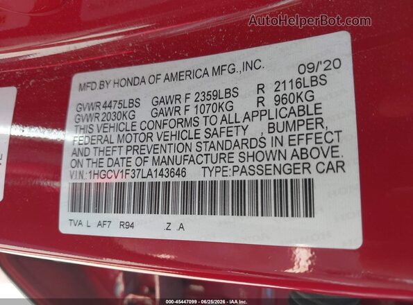 1HGCV1F37LA143646 2020 HONDA ACCORD Red Engine compartment view