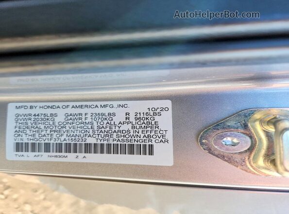 1HGCV1F37LA155232 2020 HONDA ACCORD Silver Вид підкапотного простору