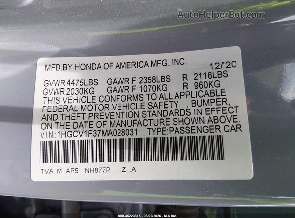 1HGCV1F37MA028031 2021 HONDA ACCORD Gray Engine compartment view