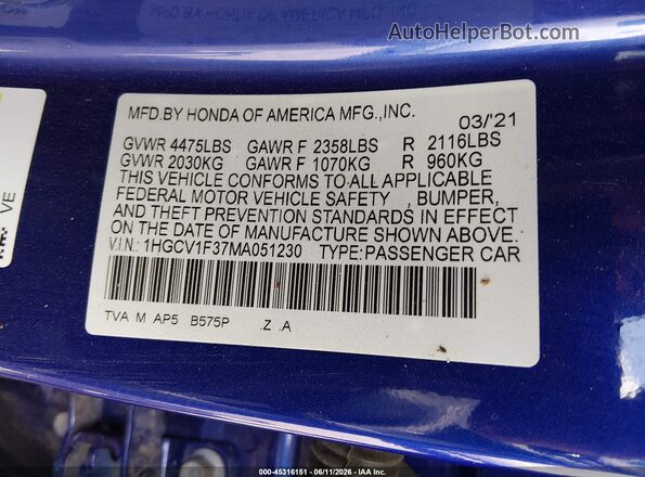 1HGCV1F37MA051230 2021 HONDA ACCORD Purple Vista del compartimento del motor