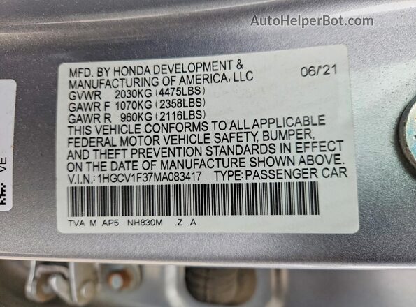 1HGCV1F37MA083417 2021 HONDA ACCORD Silver 
