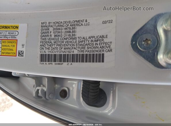 1HGCV1F37NA018214 2022 HONDA ACCORD White Widok naklejki z numerem VIN