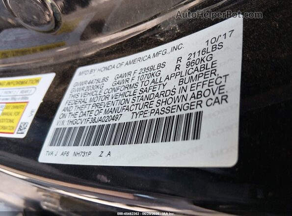 1HGCV1F38JA020497 2018 HONDA ACCORD Black ძრავის განყოფილების ხედი