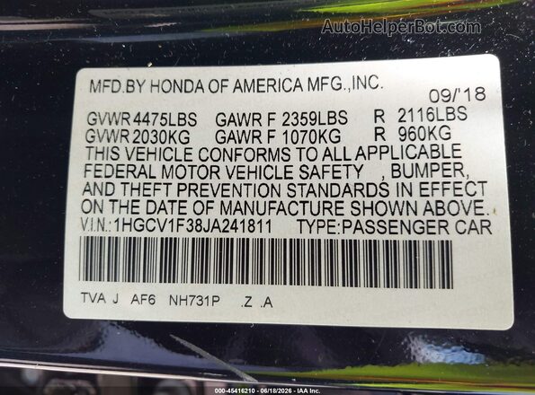 1HGCV1F38JA241811 2018 HONDA ACCORD  Вид подкапотного пространства