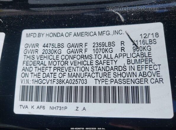 1HGCV1F38KA025703 2019 HONDA ACCORD Black Շարժիչի բաժամունքի տեսք