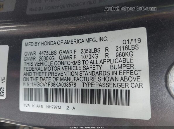 1HGCV1F38KA038578 2019 HONDA ACCORD Gray Вид підкапотного простору