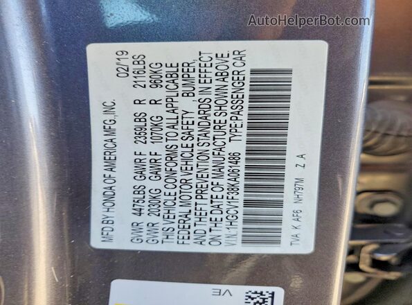 1HGCV1F38KA061486 2019 HONDA ACCORD Gray 