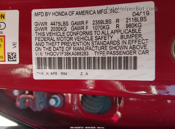 1HGCV1F38KA088283 2019 HONDA ACCORD Red Widok komory silnika