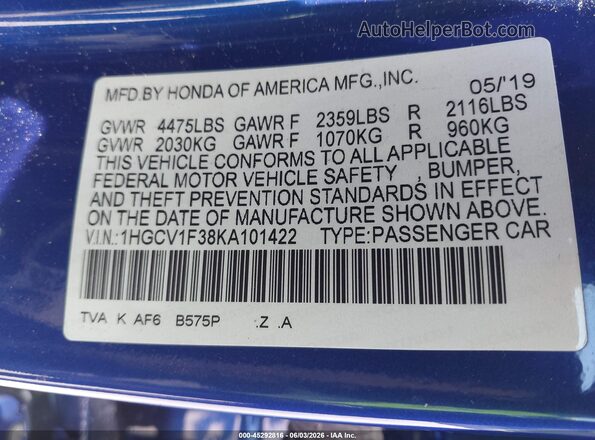 1HGCV1F38KA101422 2019 HONDA ACCORD Blue Widok komory silnika