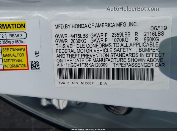 1HGCV1F38KA120309 2019 HONDA ACCORD White Widok komory silnika