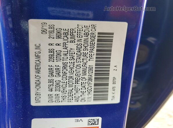 1HGCV1F38KA123601 2019 HONDA ACCORD Blue 