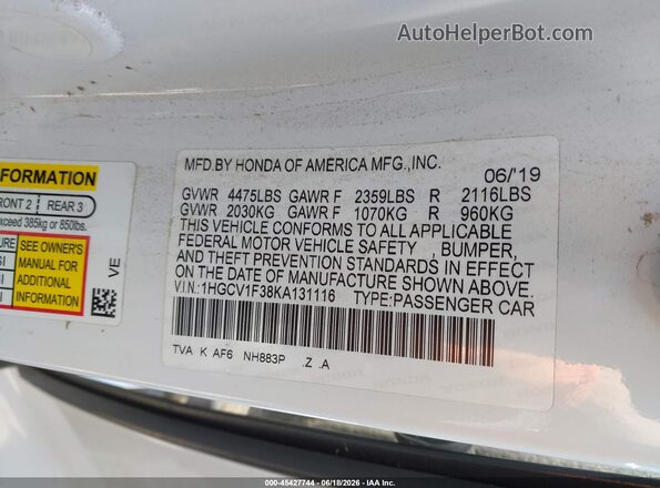 1HGCV1F38KA131116 2019 HONDA ACCORD White Vista del compartimento del motor