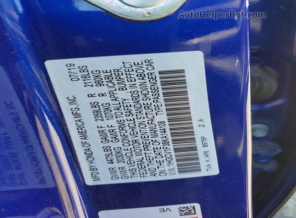 1HGCV1F38KA144108 2019 HONDA ACCORD Blue 