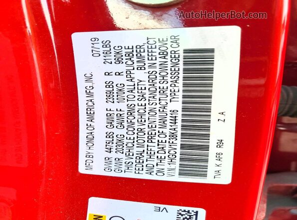 1HGCV1F38KA144416 2019 HONDA ACCORD Red Вид наклейки з VIN-кодом