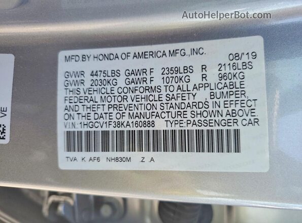 1HGCV1F38KA160888 2019 HONDA ACCORD Silver Vista del compartimento del motor