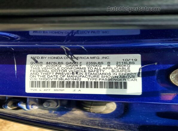 1HGCV1F38LA016422 2020 HONDA ACCORD Blue Widok komory silnika
