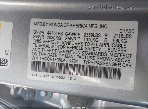 1HGCV1F38LA054734 2020 HONDA ACCORD Silver Engine compartment view