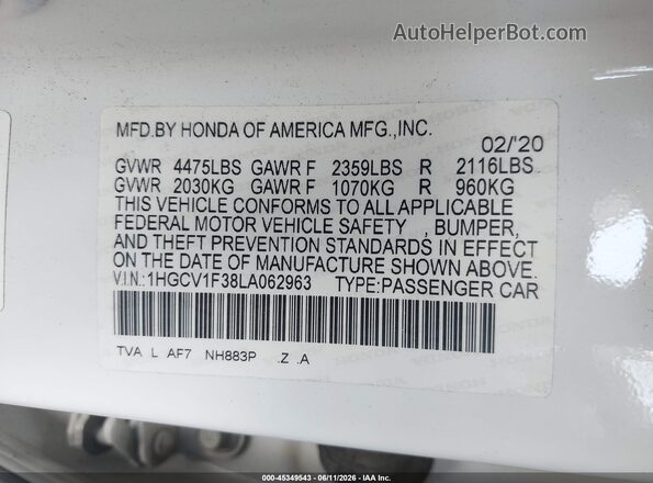 1HGCV1F38LA062963 2020 HONDA ACCORD Белый Вид подкапотного пространства