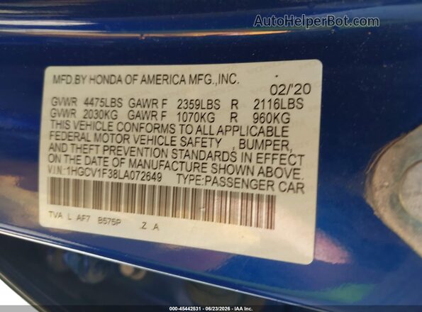 1HGCV1F38LA072649 2020 HONDA ACCORD Blue ძრავის განყოფილების ხედი