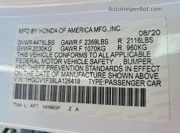 1HGCV1F38LA126418 2020 HONDA ACCORD White 