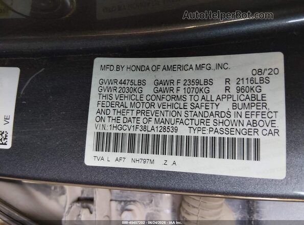 1HGCV1F38LA128539 2020 HONDA ACCORD Gray Շարժիչի բաժամունքի տեսք