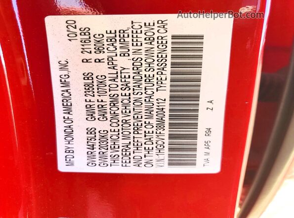 1HGCV1F38MA004112 2021 HONDA ACCORD Red Widok komory silnika