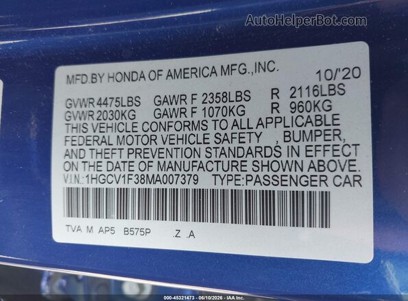 1HGCV1F38MA007379 2021 HONDA ACCORD Blue ძრავის განყოფილების ხედი
