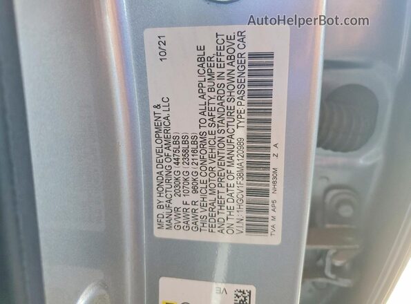 1HGCV1F38MA120989 2021 HONDA ACCORD Silver Widok naklejki z numerem VIN