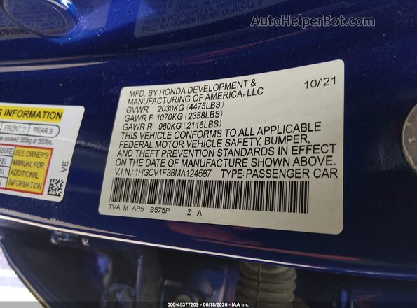 1HGCV1F38MA124587 2021 HONDA ACCORD Blue Շարժիչի բաժամունքի տեսք