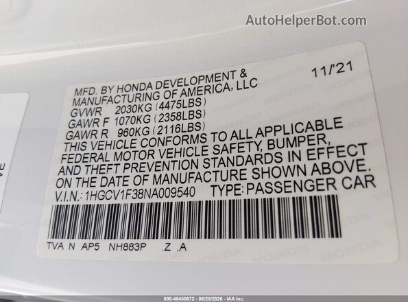 1HGCV1F38NA009540 2022 HONDA ACCORD White Շարժիչի բաժամունքի տեսք