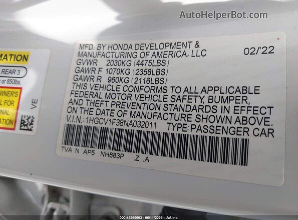 1HGCV1F38NA032011 2022 HONDA ACCORD White Շարժիչի բաժամունքի տեսք