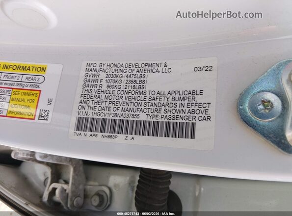 1HGCV1F38NA037855 2022 HONDA ACCORD White Widok komory silnika