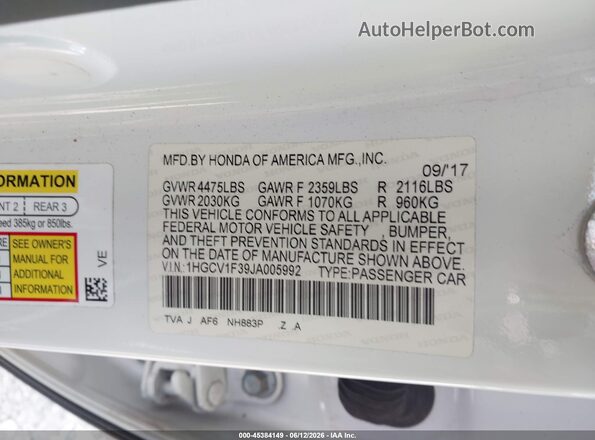 1HGCV1F39JA005992 2018 HONDA ACCORD White Շարժիչի բաժամունքի տեսք