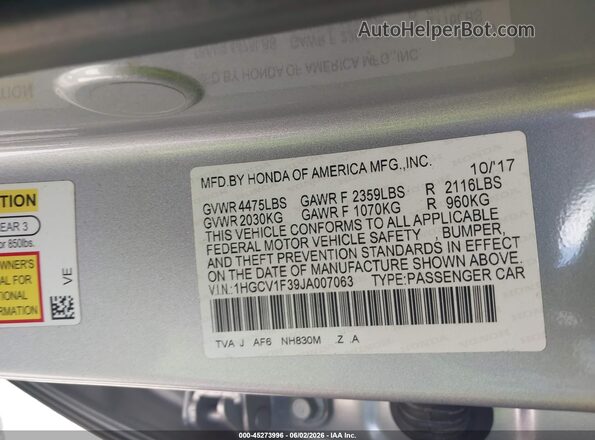 1HGCV1F39JA007063 2018 HONDA ACCORD Silver 