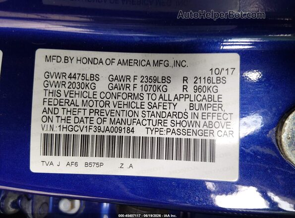 1HGCV1F39JA009184 2018 HONDA ACCORD Blue Vista del compartimento del motor