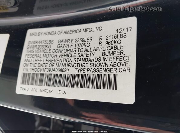 1HGCV1F39JA068090 2018 HONDA ACCORD Black Вид підкапотного простору