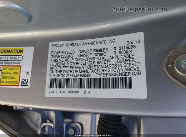 1HGCV1F39JA166598 2018 HONDA ACCORD Gray Շարժիչի բաժամունքի տեսք