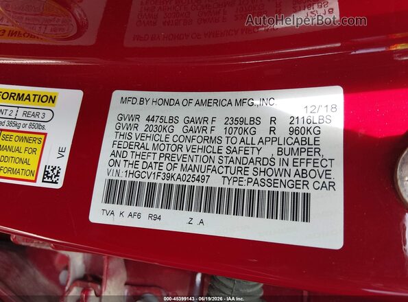 1HGCV1F39KA025497 2019 HONDA ACCORD Red Вид підкапотного простору