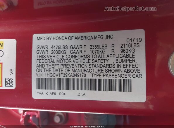 1HGCV1F39KA049170 2019 HONDA ACCORD Red Engine compartment view
